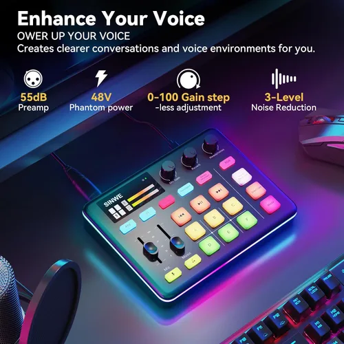 Vista 2 de [Usado] Mezclador de audio para gaming SINWE G1, interfaz de audio RGB con preamplificador profesional, Bluetooth, mezclador de PC para streaming