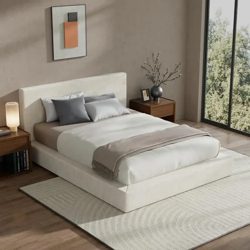 Vista 6 de RECCI Cloud - Base de cama Queen tapizada con cabecero, plataforma acolchada de espuma de 5 pulgadas, sin somier, fácil montaje (crema)