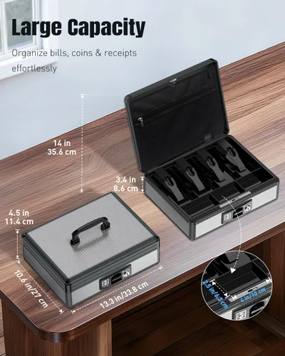 Vista 2 de Uniclife Caja de efectivo con bandeja de dinero y cerradura, organizador de dinero para efectivo, caja de dinero para caja registradora, caja