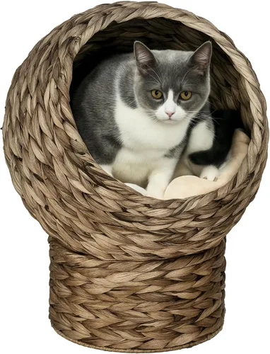 Vista 12 de PawHut Cama elevada tejida a mano para gatos con cojín suave y forma de silla de huevo, cama de cesta con soporte, casa de mimbre elevada para gatos