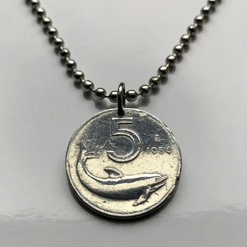 Vista 4 de 1953 Italy Italia 5 Lire coin pendant dolphin porpoise Rome Milan Florence Venice Verona Genoa Palermo Bologna Torino Napoli Cagliari San Gimignano