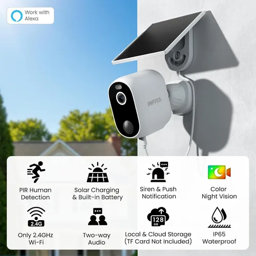 Vista 2 de INFIYA - Cámara de seguridad inalámbrica 2K para exteriores con energía solar para vigilancia del hogar con detección humana AI y notificaciones por