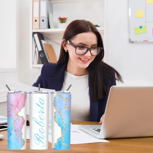 Vista 8 de Vasos delgados personalizados con tapas y pajitas de 20 onzas, diseño de mármol personalizado, vasos de acero inoxidable delgados con nombre