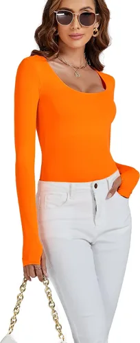 Vista 5 de LYANER Body elástico de manga larga con cuello redondo para mujer, con agujeros para los pulgares