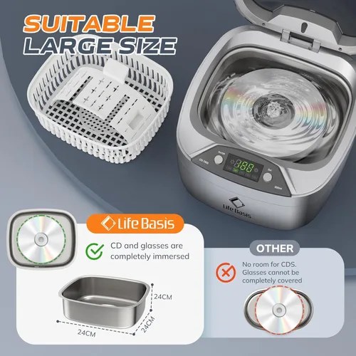 Vista 6 de Life Basis Limpiador Ultrasónico Doméstico Limpiador Ultrasónico de Joyas 850ml (28 Onzas) Pantalla LCD con 5 Temporizador Digital Soporte