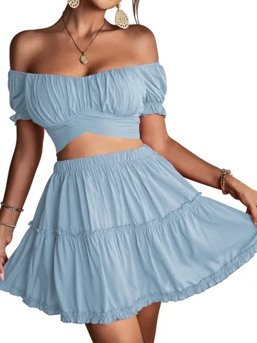 Vista 4 de LYANER Conjunto de 2 piezas para mujer con estampado floral y hombros descubiertos y minifalda
