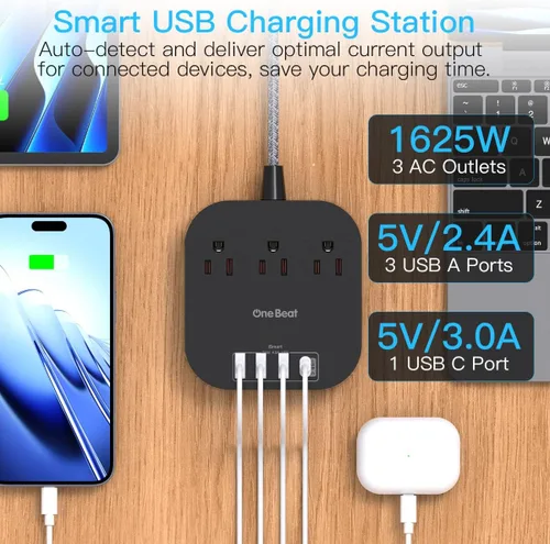 Vista 2 de Regleta de alimentación - Cable de extensión de 10 pies de largo con puertos USB C, 3 tomacorrientes 4 estación de carga de escritorio USB, regleta