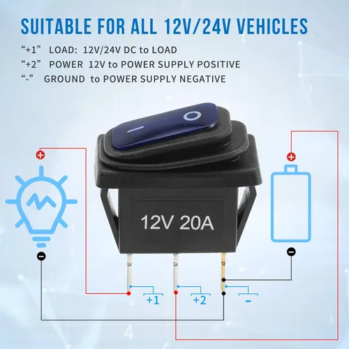 Vista 5 de Interruptor basculante de 12 V impermeable 5 piezas - Interruptor de palanca de 12 voltios con 3 cables desmontables de 20 cm, interruptores