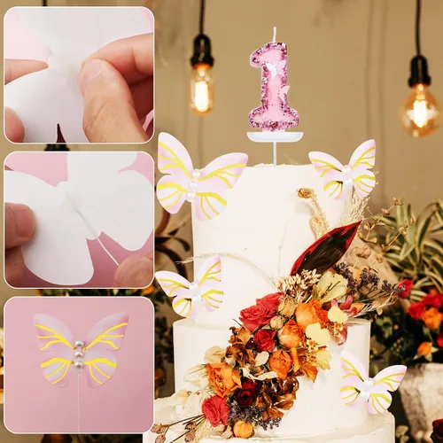 Vista 5 de Velas de números de cumpleaños, velas de números con purpurina de 2.95 pulgadas con complemento de mariposa, velas de números rosas con lentejuelas