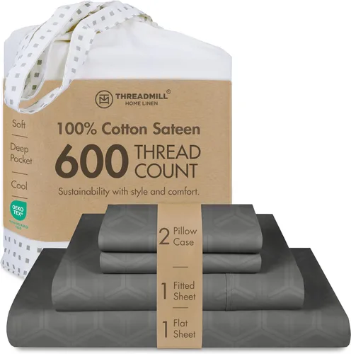 Vista 21 de Threadmill Sábanas de tamaño matrimonial, 100 % algodón puro de 600 hilos, 4 piezas, damasco, gris oscuro, calidad de hotel, sábanas de algodón