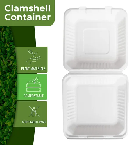 Vista 2 de Contenedores biodegradables para llevar de 9 pulgadas, paquete de 100, cajas compostables para llevar con tapa con bisagras integrada