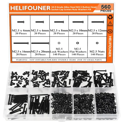 Vista 16 de HELIFOUNER 560 Piezas M2 x 4 mm / 6 mm / 8 mm / 10 mm / 12 mm / 16 mm / 20 mm, Kit de Tornillos de Cabeza de Botón con Arandelas y Tuercas, Acero