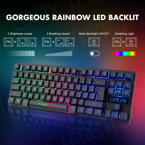 Vista 5 de CHONCHOW Combo de teclado y mouse inalámbricos para juegos, teclado recargable de 87 teclas con luz LED, mouse ergonómico inalámbrico