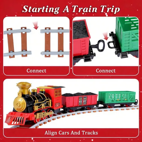 Vista 3 de Juegos de trenes navideños para alrededor del árbol, juego de tren eléctrico para niños de 4 a 8 años con sonidos, luces y humo, juego de tren