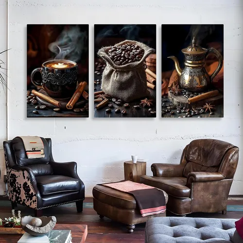 Vista 3 de Gueeclk Arte de pared en lienzo de barra de café, impresiones en lienzo de granos de café en tela de saco, juego de 3 arte de pared marrón, imagen
