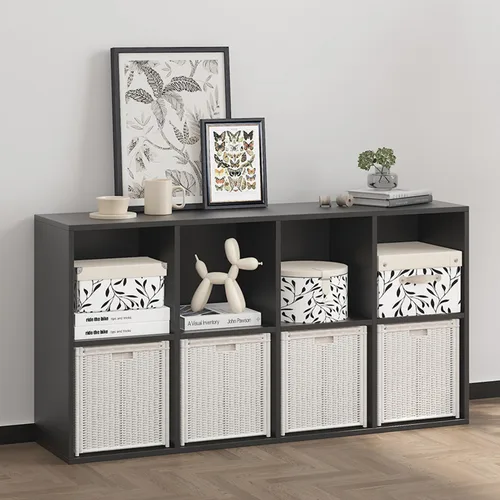 Vista 11 de Organizador de almacenamiento de 5 compartimentos de madera con panel trasero cerrado, estante de cubos negro resistente, organizador