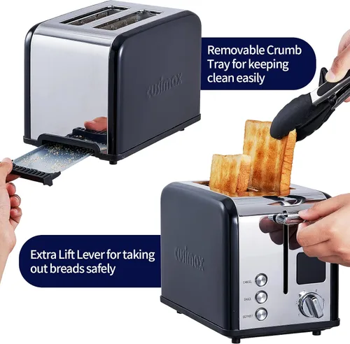 Vista 7 de CUSIMAX Tostadora de acero inoxidable de 2 rebanadas con pantalla LED grande, ranuras extra anchas de 1.5 pulgadas, 6 ajustes de tostado, función