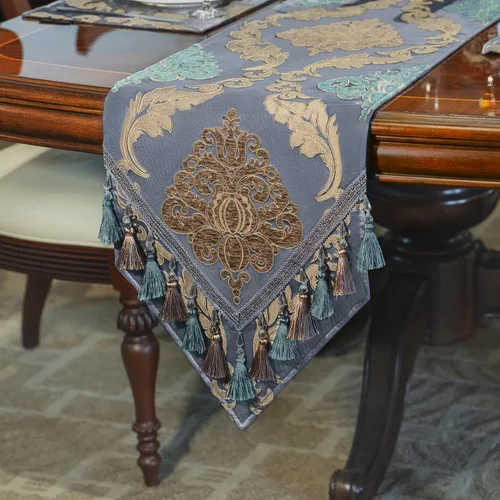 Vista 14 de Loom and Mill - Camino de mesa de damasco elegante y lujoso, 72 pulgadas de largo, color beige Jacquard Table Runners with Handmade Multi-Tassels