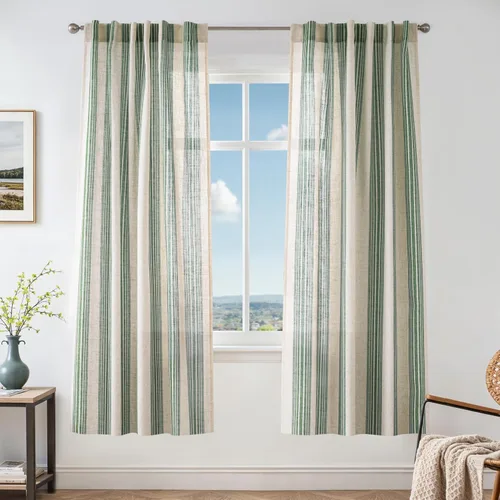 Vista 47 de DriftAway Cortinas de estilo granja con rayas verticales de lino mezclado texturizado con filtro de luz semitransparente para sala de estar