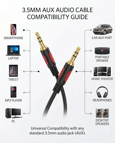 Vista 2 de Cable de audio auxiliar macho a macho de 3.5 mm, 3 pies, cable AUX para auriculares Beats, iPods, iPhones, iPads, equipos estéreo