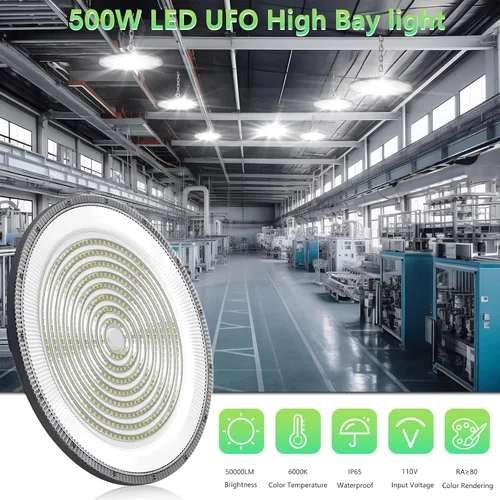 Vista 3 de loyal Luz LED de alta bahía, 500 W UFO High Bay Led Shop Lights 6000K 50000LM para almacén, taller, fábrica, gimnasio, garaje, granero, 2024, nuevo