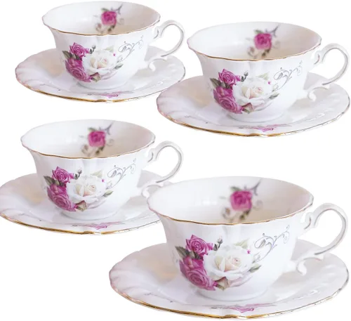 Vista 9 de Juego de 4 tazas de té de cerámica, tazas de café y platillos (azul y rojo)