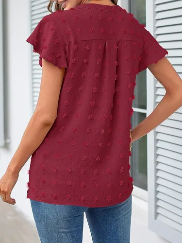 Vista 3 de MEROKEETY Blusa de manga corta con volantes y cuello en V para primavera 2026, para verano, con lunares suizos, elegante, informal, con vuelo