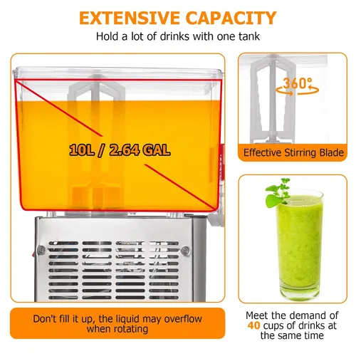 Vista 4 de Towallmark 1 Tanks Dispensador de jugo comercial de 2.64 galones de 10 litros, 10 litros por tanque, dispensador de bebidas de té helado de acero