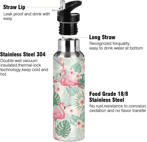 Vista 3 de BPA-Free Sports Water Bottle 20 Oz, Insulated Stainless Steel Water Bottle with Straw for Gym Outdoor Travel School, Tropical Leaves Pink Flamingos