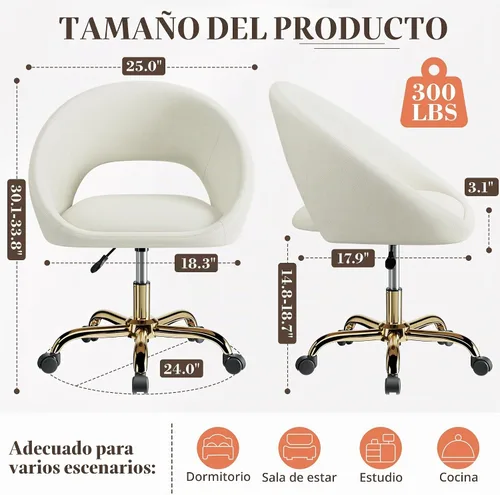 Vista 2 de Silla de Tocador con Ruedas, Cómodas Sillas de Escritorio para Oficina en Casa Ajustables Silla de Maquillaje de Terciopelo Moderna para Dormitorio