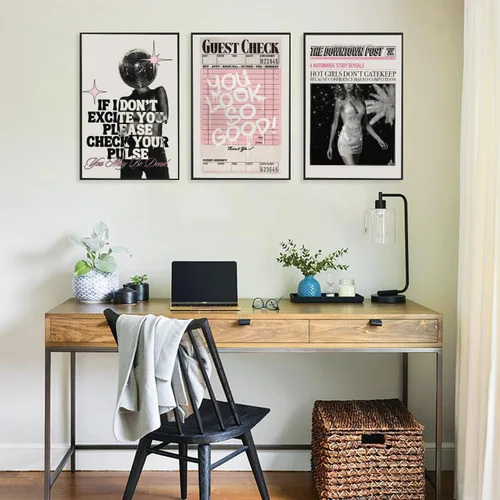Vista 8 de Juego de arte de pared vintage en lienzo rosa con 3 imágenes de chicas geniales "You Look So Good" Póster de pinturas modernas y preparadas