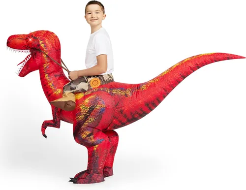 Vista 4 de Spooktacular Creations Disfraz inflable de dinosaurio para niños, ojos con luz LED, impresión digital, disfraz inflable de T-rex