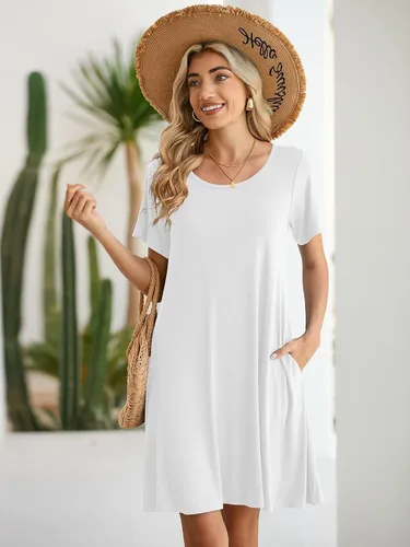 Vista 3 de BELAROI - Vestido informal de verano para mujer, vestido con vuelo de mangas cortas, estilo túnica