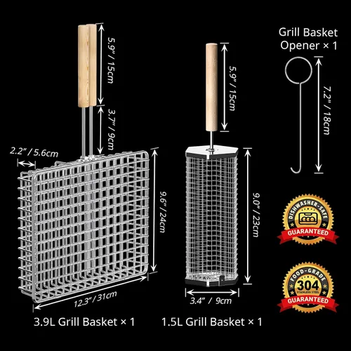 Vista 2 de Ivtivfu Juego de cesta para parrilla, mango de madera removible, acero inoxidable 304, herramientas de barbacoa con ruedas, accesorios para parrilla