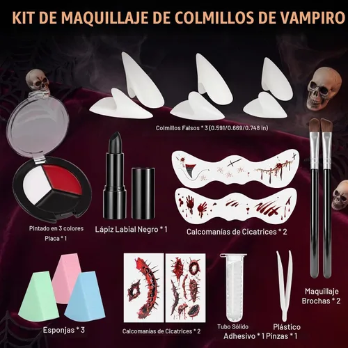 Vista 2 de 3 Pairs Fake Fangs Vampire Teeth Halloween Makeup Cosplay Kit with Solid Adhesive, Black Lipstick+3-color Face Paint Plate+Scar Stickers, Vampire