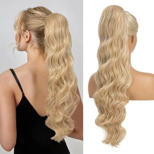 Vista 10 de Extensiones de cabello sintético ondulado con cordón para cola de caballo de 26 pulgadas, para mujer, castaño medio ceniza, rubio ceniza
