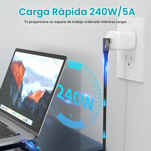 Vista 3 de Cable USB 4 Thunderbolt 4, USB C a USB C, 40 Gbps, 240 W, 8K @ 60 Hz Cable trenzado de carga rápida USB C a USB C PD3.1 en ángulo recto