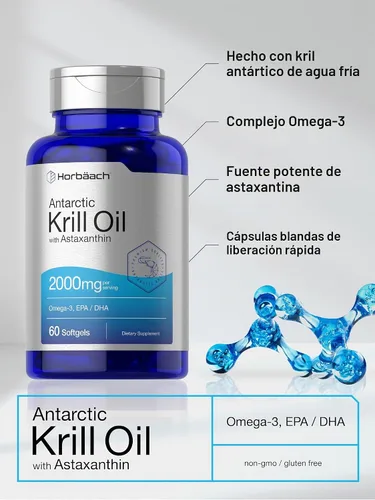 Vista 4 de Horbäach Aceite de Krill Antártico 2000mg 60 cápsulas de cápsulas blandas Suplemento Omega-3, EPA, DHA con astaxantina Sin OMG, sin gluten