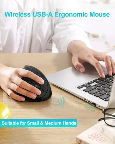 Vista 2 de Lekvey Ratón ergonómico, mouse inalámbrico vertical para manos pequeñas/medianas, recargable con receptor USB, 3 DPI para mayor comodidad, alivia