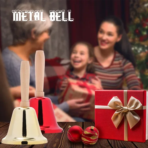 Vista 2 de 2 campanas de mano de Navidad, campanas de llamada ruidosas de metal, campanas de Papá Noel con mango de madera para servicio de Navidad, cena