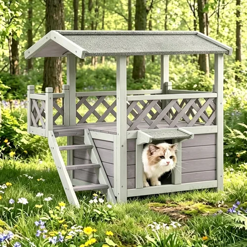 Vista 9 de Cat House - Casa para gatos con cortina para gatos con aislamiento, techo resistente a la intemperie (cubierta individual)