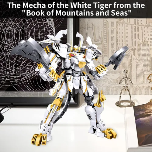Vista 6 de CSNRHG Modelo de robot mecánico samurái de tigre blanco con doble hacha, bloques de construcción, juego de juguetes de cumpleaños mítico para niños