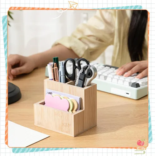 Vista 5 de Maitys Soporte para bolígrafo de madera de bambú para escritorio, organizador de control remoto con 3 compartimentos, accesorios de escritorio