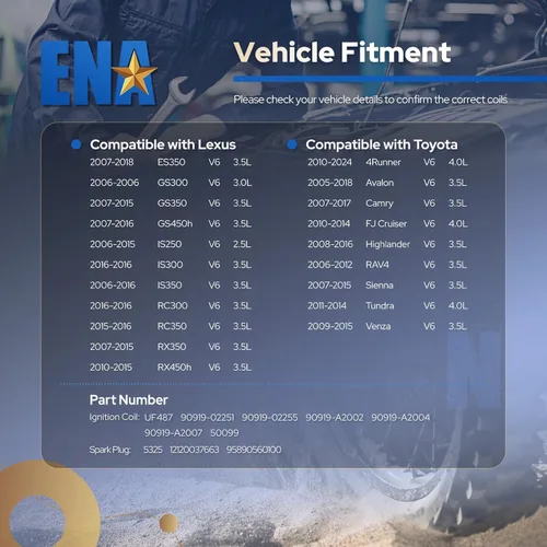 Vista 7 de ENA Paquete de 6 bujías de bobina de encendido UF487 3.5 V6 compatible con Lexus Toyota Avalon Highlander Camry Highlander RAV4 Sienna Venza RX450h