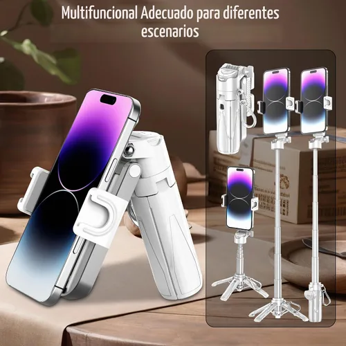 Vista 4 de Mini soporte de trípode para selfie stick con control remoto Bluetooth Blanco