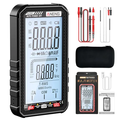 Vista 9 de Multímetro digital de 6000 cuentas, voltímetro de rango automático con LCD, mide corriente CA/CC, voltaje, temperatura de resistencia, para Negro