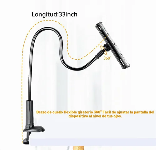 Vista 4 de Soporte de clip 2 en 1 para teléfono celular y tableta con abrazadera flexible de cuello de cisne de brazo largo para iPad, iPhone, Switch, Kindle