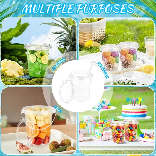 Vista 4 de Paquete de 15 cubos de ron de plástico de 34 onzas para bebidas Disposable Clear Cups With Handles for Cocktails, Iced Coffee, Smoothies