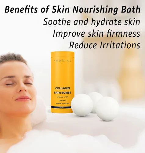 Vista 2 de Bombas de baño de colágeno, regalo de espuma de baño de lujo, para hidratación de piel seca, hidratante, cúrcuma, árnica, naranja, aceite esencial