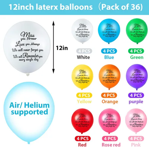 Vista 2 de Sumind 36 globos coloridos para funeral del Día de los Caídos para celebración de cumpleaños celestial, globos conmemorativos con 2 rollos de cintas